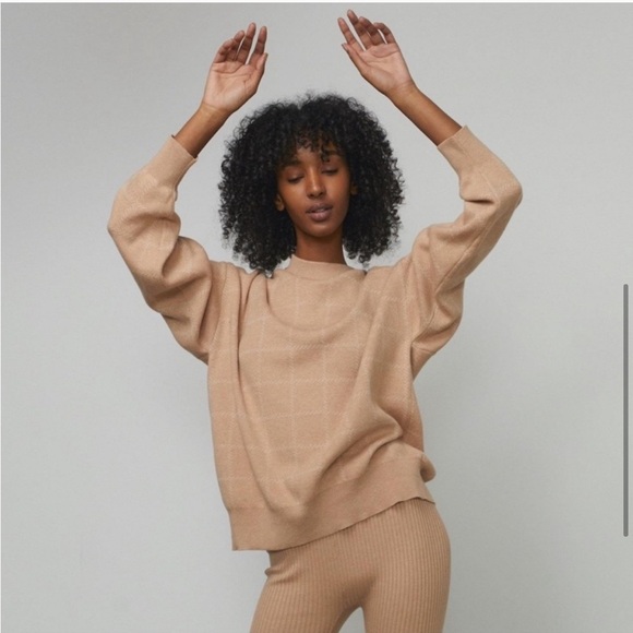 Lunya Cozy Cotton Silk Blend Windowpane Beige Sweater {XS} - Picture 1 of 9